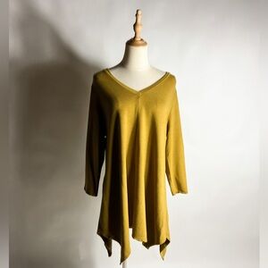 GARNET HILL Ochre Tencel Knit Asymmetrical Hem 3/4 Sleeve Tunic Top Womens Large